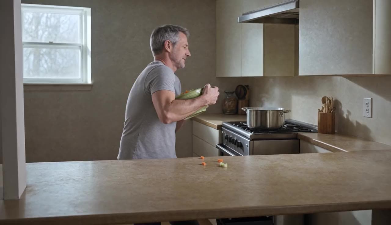 Au comptoir de cuisine, un homme soulève un bol de légumes coupés et le verse dans une casserole. Son bras atteint se replie au lieu de s'étendre, alors il penche tout le buste, contourne avec le bras et presse le dos de sa main recroquevillée contre le bol pour le coincer — il y arrive, laborieusement, en renversant quelques morceaux